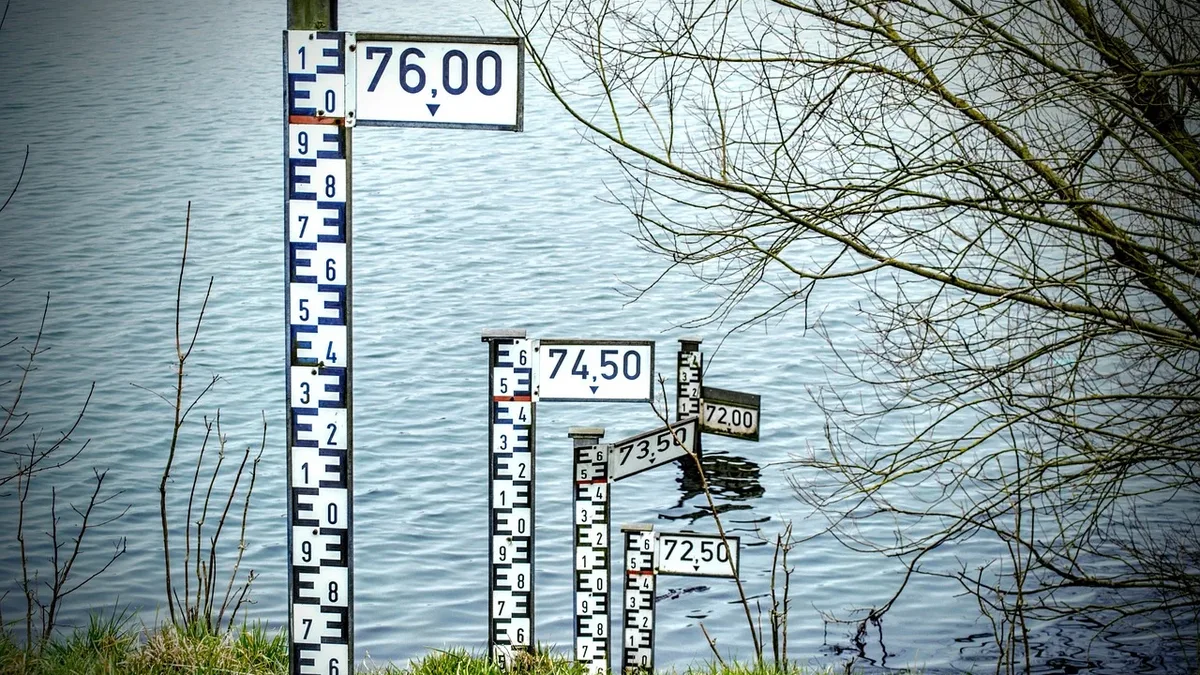 A series of water level markers, including a large one at 76.00 and smaller ones at 74.50 and 72.50, situated in front of a body of water with a grassy bank and bare trees in the background.