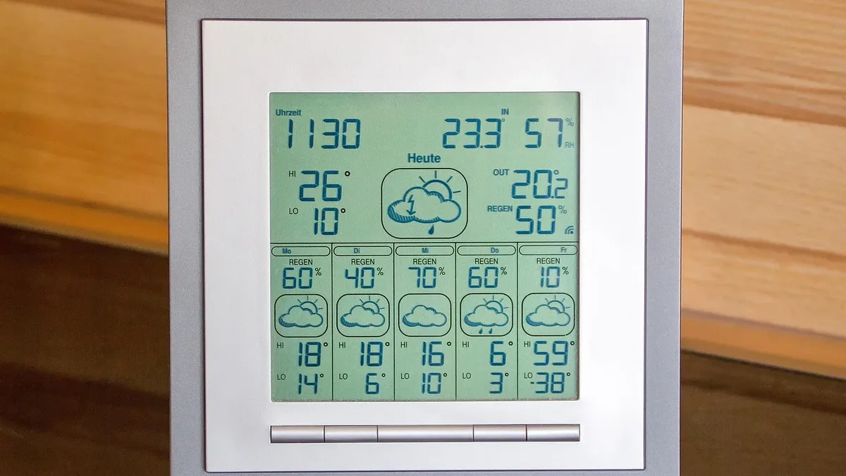 A digital weather station displaying current weather conditions and temperature readings.