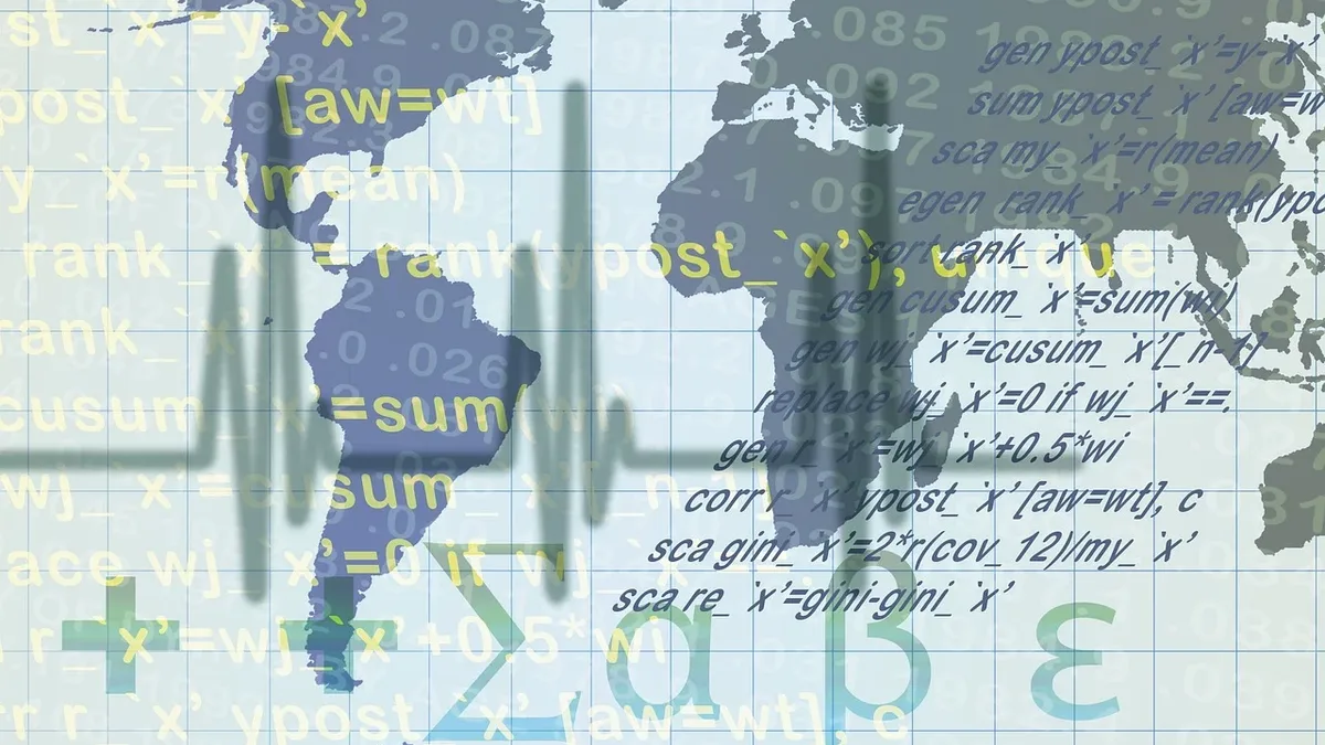 A world map overlaid with a grid of mathematical equations and symbols, including the Greek letter epsilon (ε) and the Latin letter x.